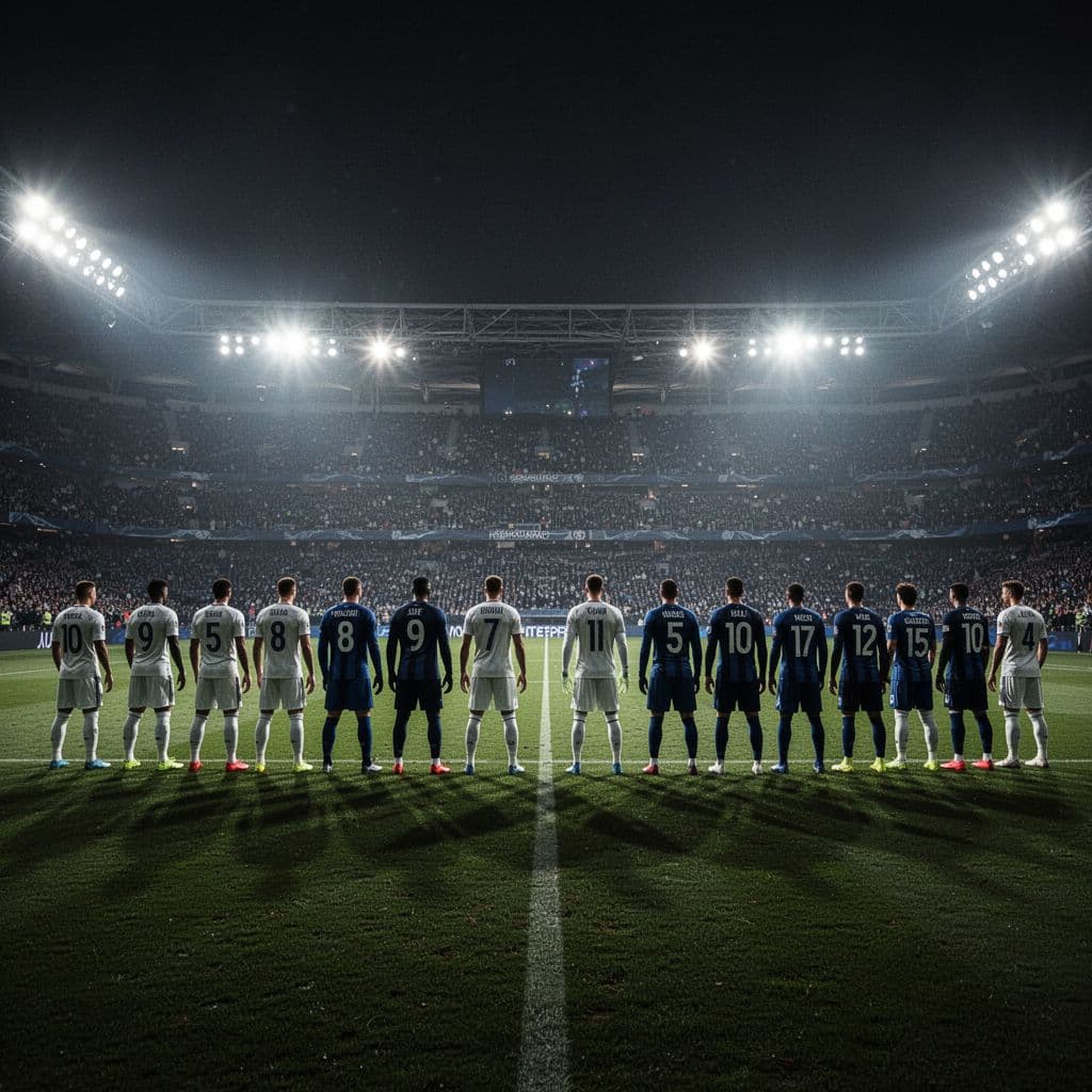 Two professional football teams stand on the pitch in a vast illuminated stadium at night.
