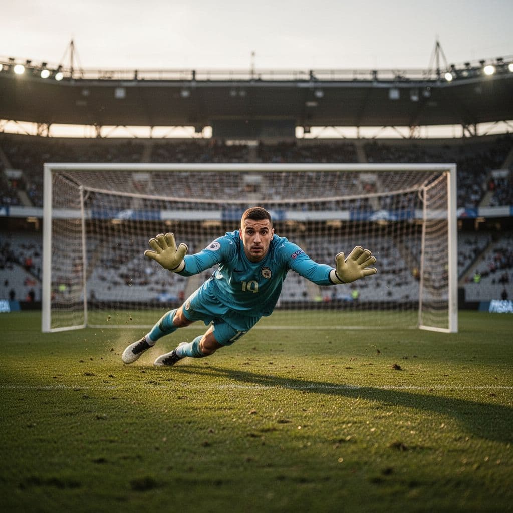 Football goalkeeper dives to save shot in front of goal on green stadium grass.