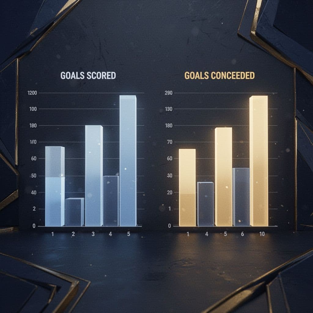 Dark-themed minimalist dashboard with blue-gold bar charts for goals scored and conceded.