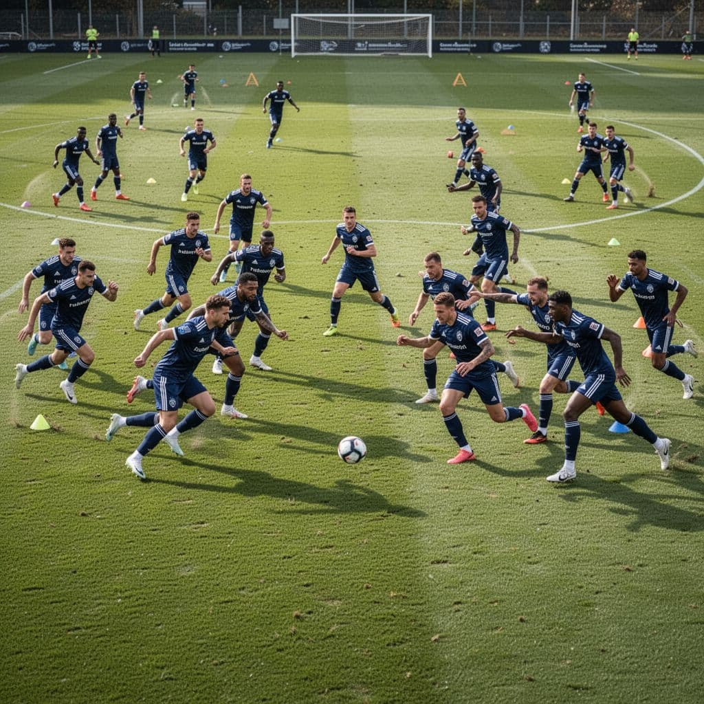 A group of professional soccer players in training gear execute high-intensity pressing drills on a lush green grass pitch. A single football sits on the turf near a sprinting player.