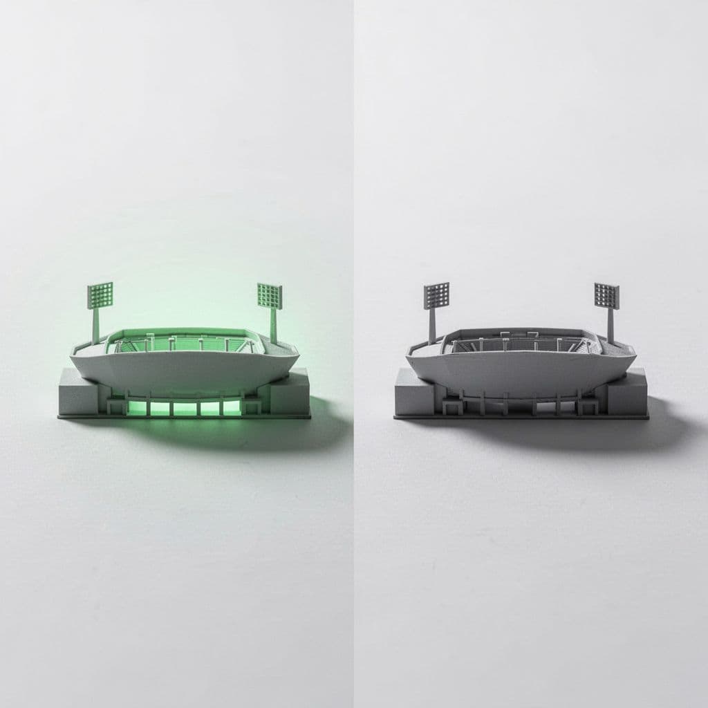 Minimalist infographic with green home stadium icon on left and gray away travel icon on right against white background.