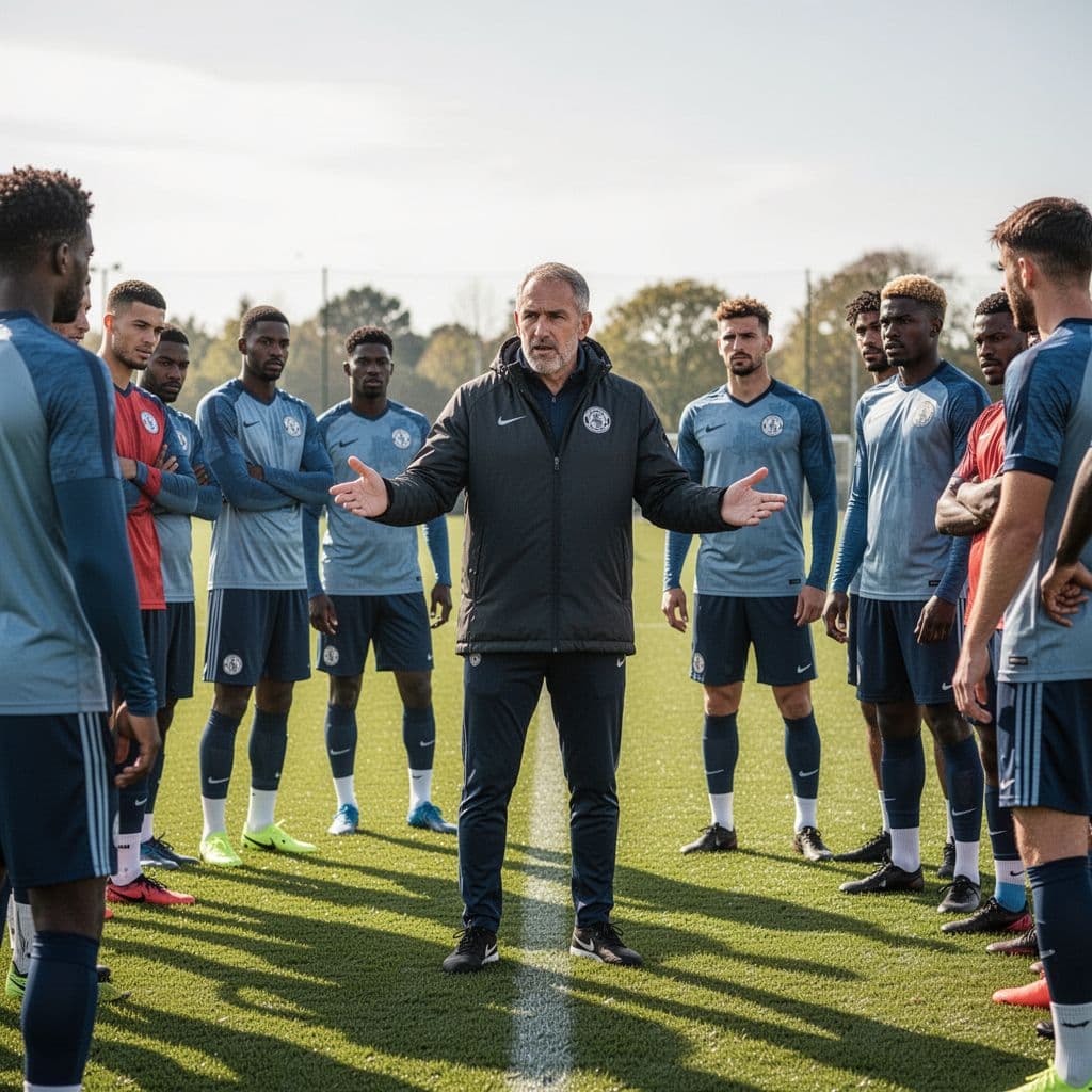 A coach in a dark jacket leads a group of soccer players on a sunny training pitch.