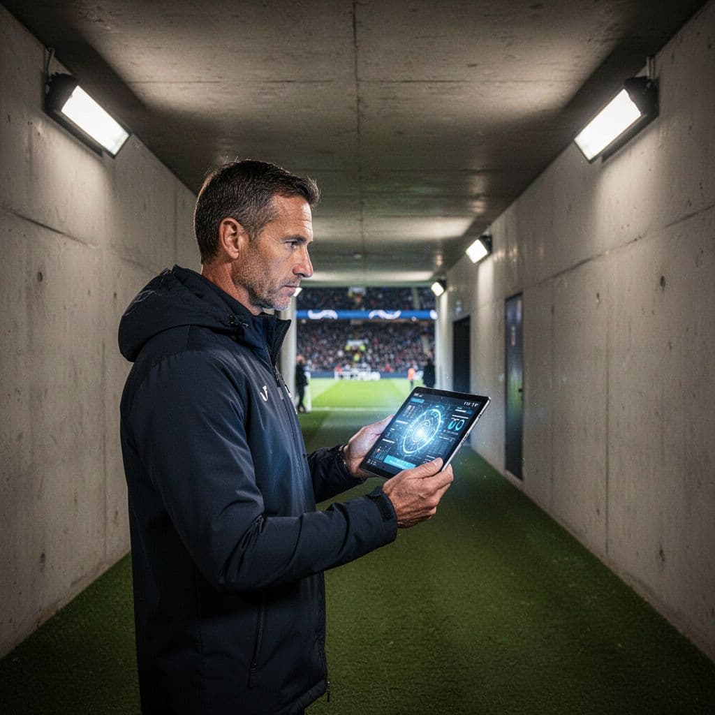 Football manager views digital league table on tablet in stadium tunnel.