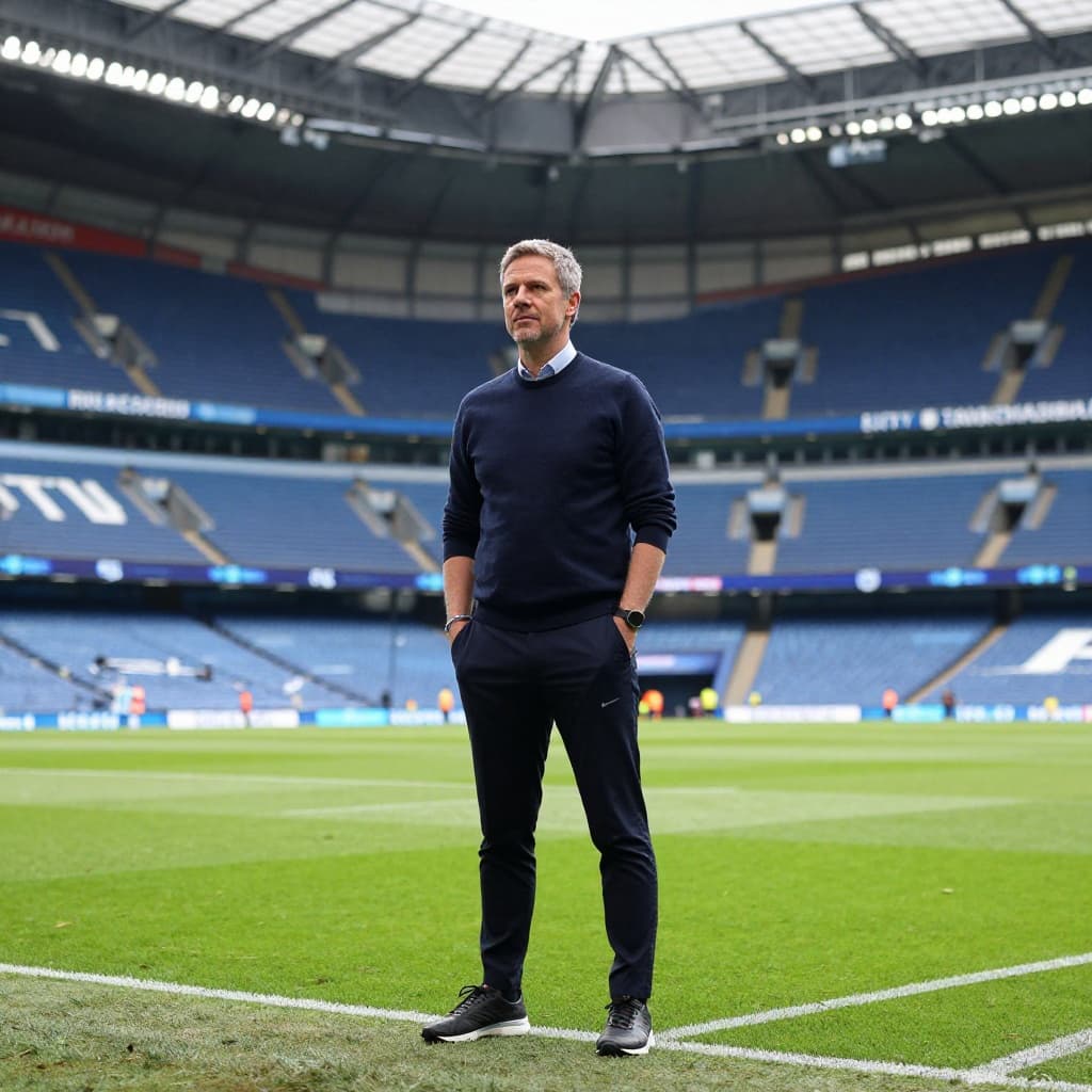 A calm football manager in smart casual attire stands on the sideline of a large, empty stadium.