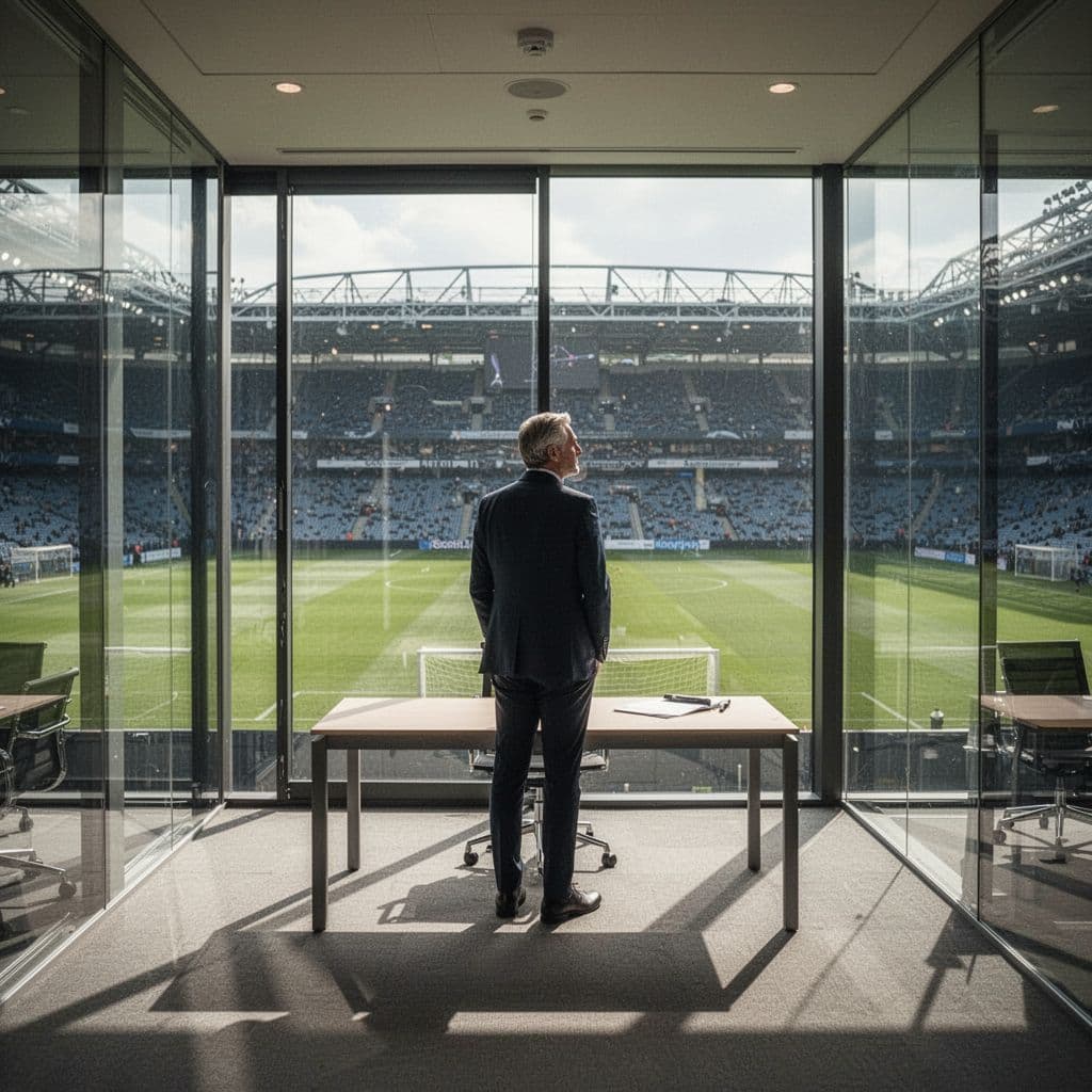 A focused football manager stands in a modern, sunlit office watching the empty grass pitch below.