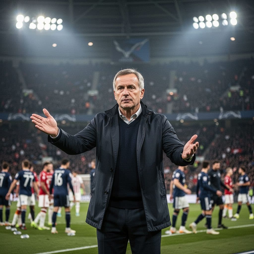 Football manager stands on crowded stadium sideline, giving instructions to players during match.
