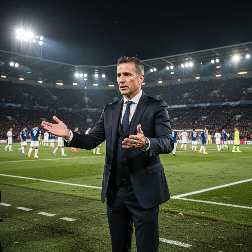 A focused coach in a sharp dark suit stands on the grassy pitch edge, gesturing toward his team. Bright stadium floodlights illuminate the scene during a high-stakes professional night match.