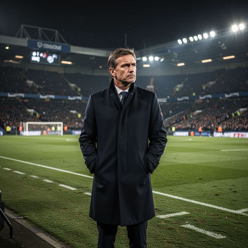A focused football manager in a dark coat stands on the stadium sidelines at night.