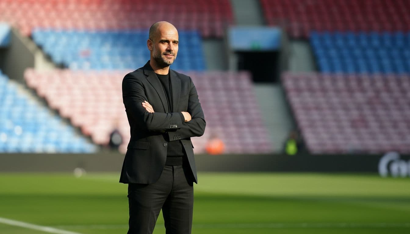 A focused football manager stands confidently on the edge of a professional green pitch.