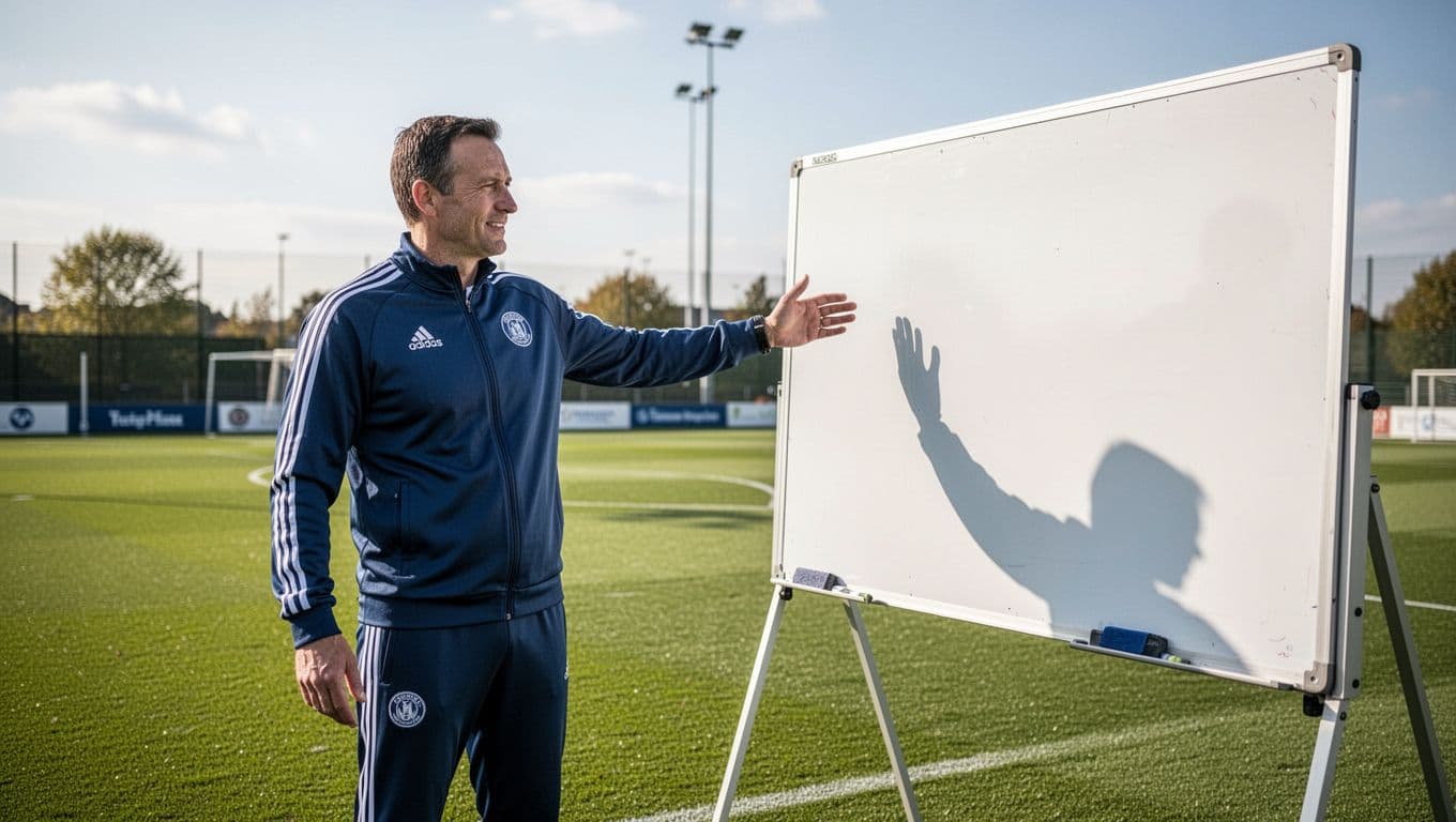 A football manager stands on a training field gesturing toward a tactical whiteboard during practice.