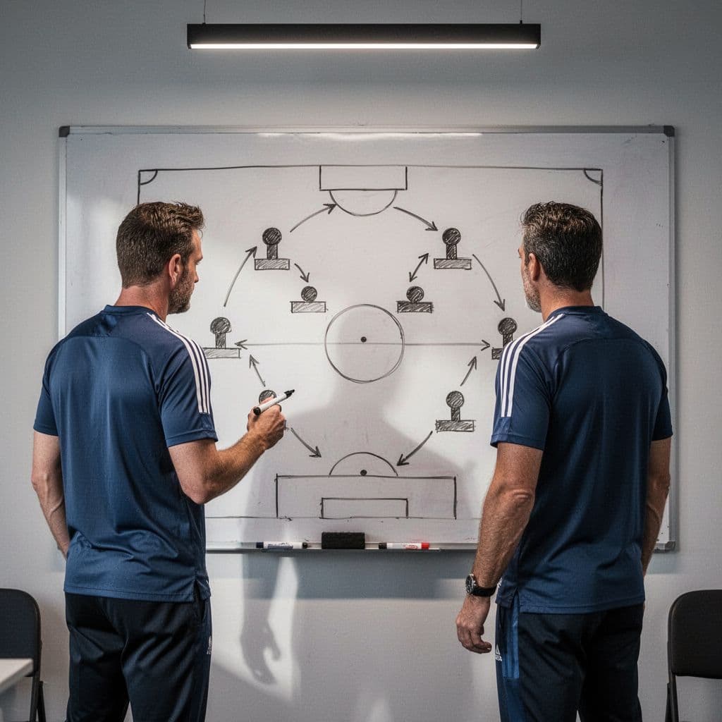 Football manager and assistant discuss abstract team layouts on whiteboard in dimly lit office.