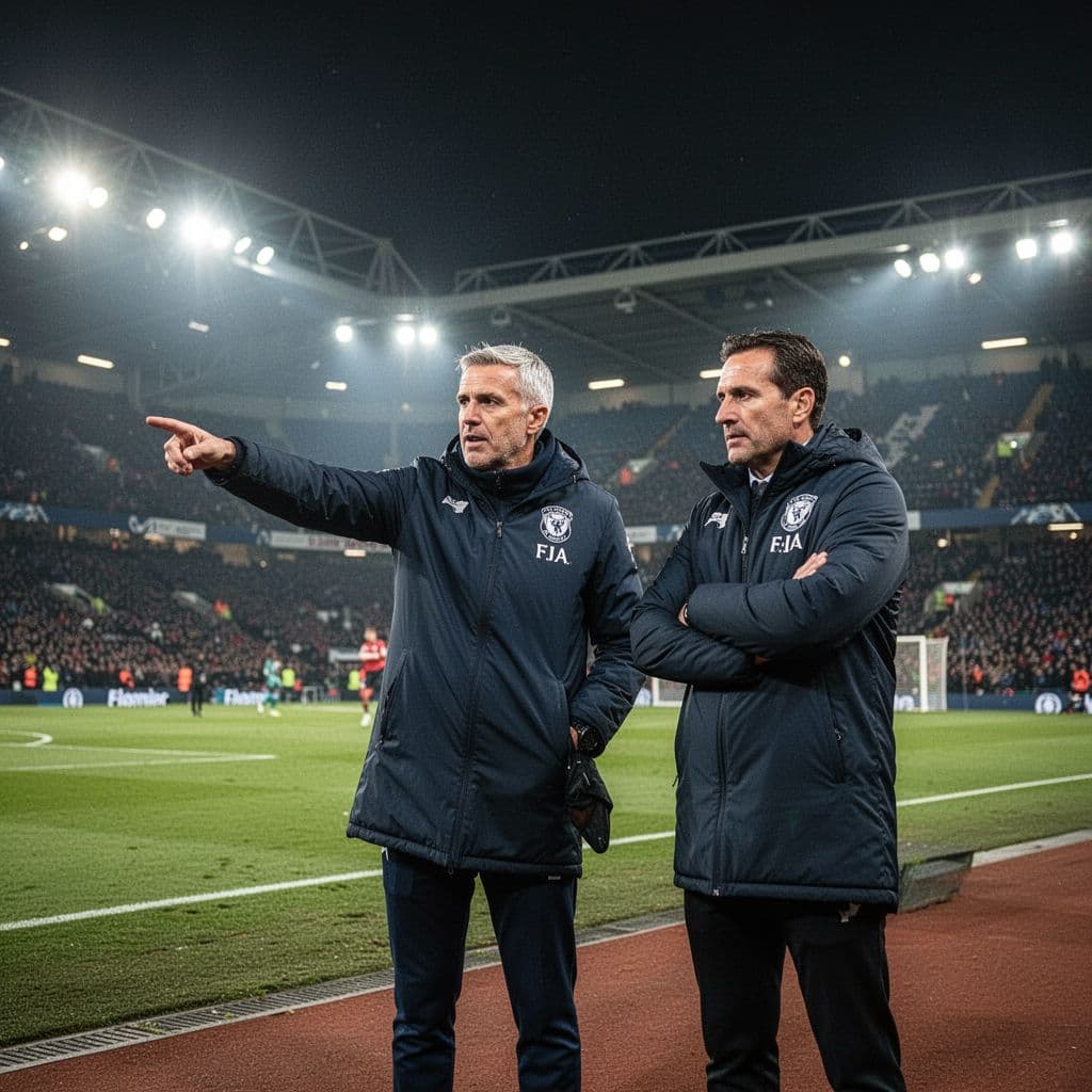 Two focused football managers stand on a professional stadium touchline during a night match.