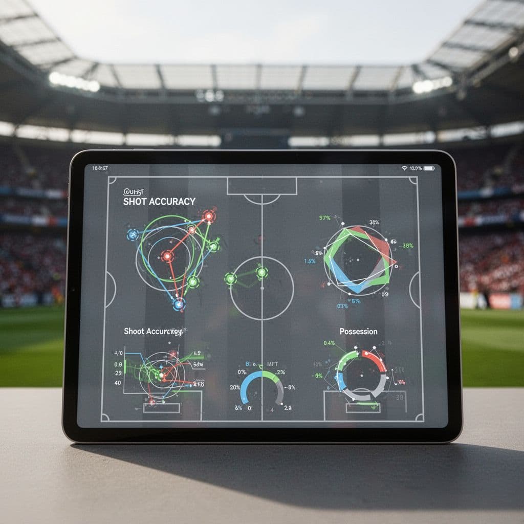 A handheld tablet displays a sleek, abstract dashboard of football performance metrics against a soft-focus stadium backdrop. The screen visualizes shot accuracy and ball possession through minimalist, glowing geometric data charts.