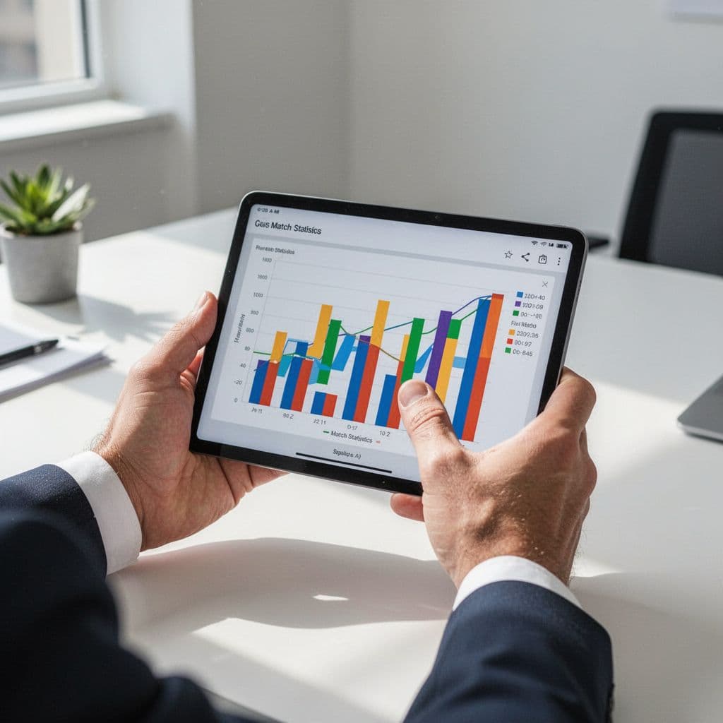 A close-up view of a person holding a tablet displaying football statistics via bar graphs.