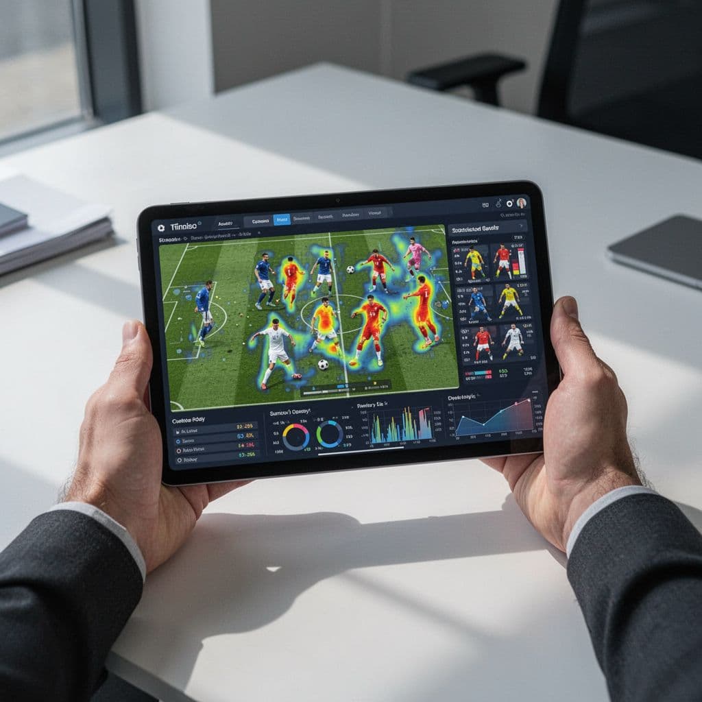 A close-up view of hands holding a tablet displaying vibrant football heat maps and tactical data charts. The device rests on a clean desk bathed in soft, professional office lighting.
