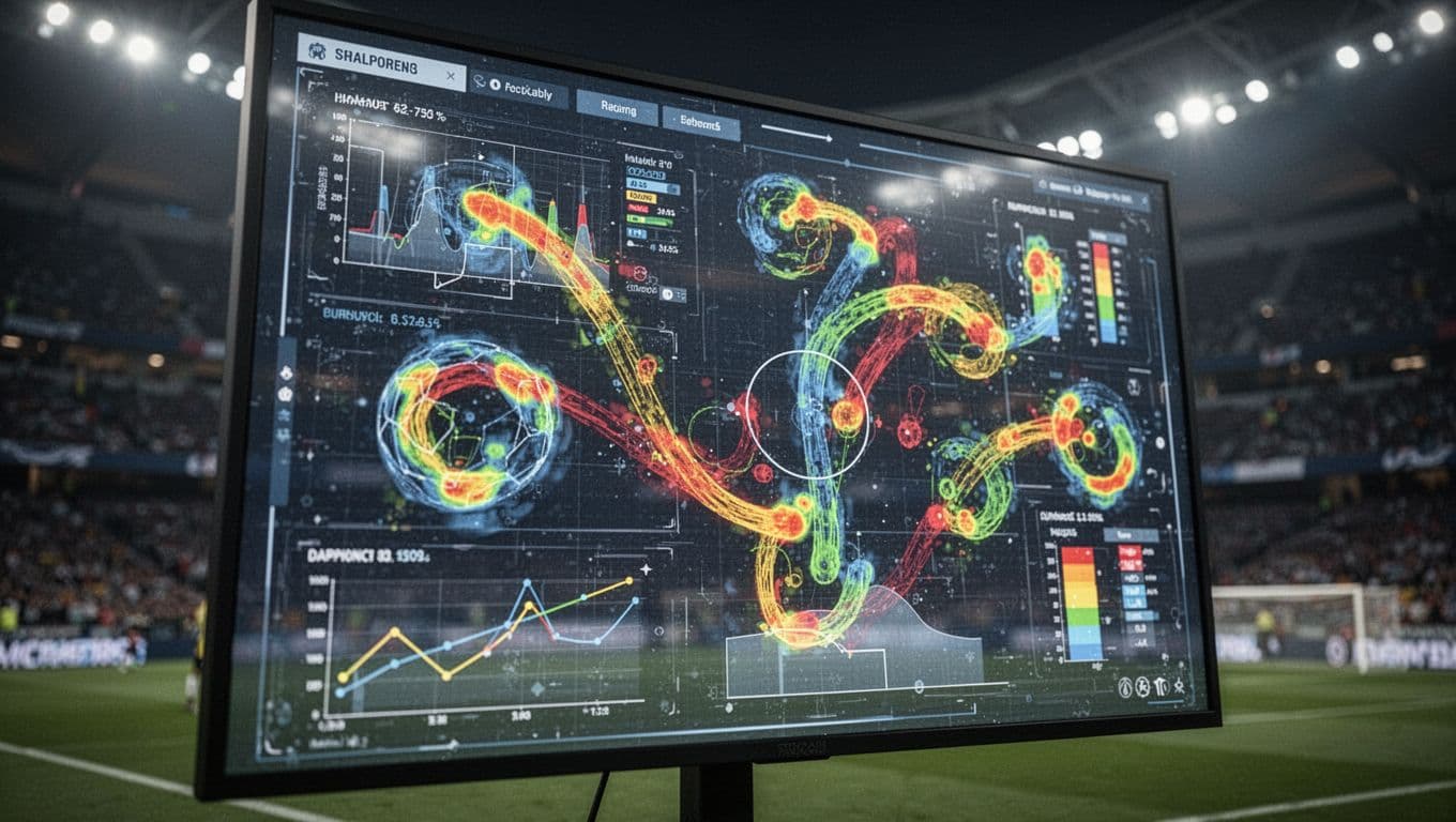 A vibrant screen shows intricate tactical heat maps, player passing accuracy circles, and complex performance charts. The glowing data visualizations provide deep insights into athletic movement across the soccer pitch.