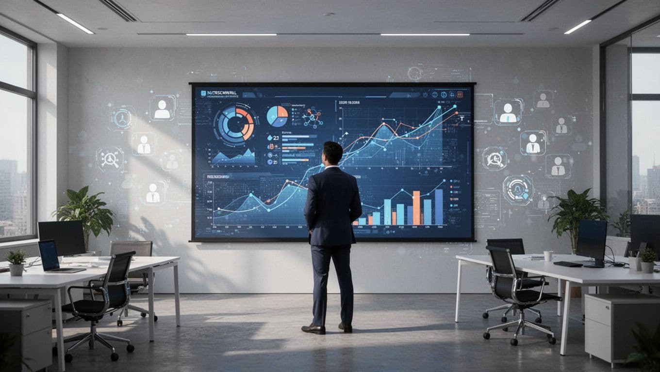 A single analyst stands before a massive digital screen displaying complex team statistics and performance charts. Soft ambient lighting illuminates the professional room while opposing team emblems appear in the background.