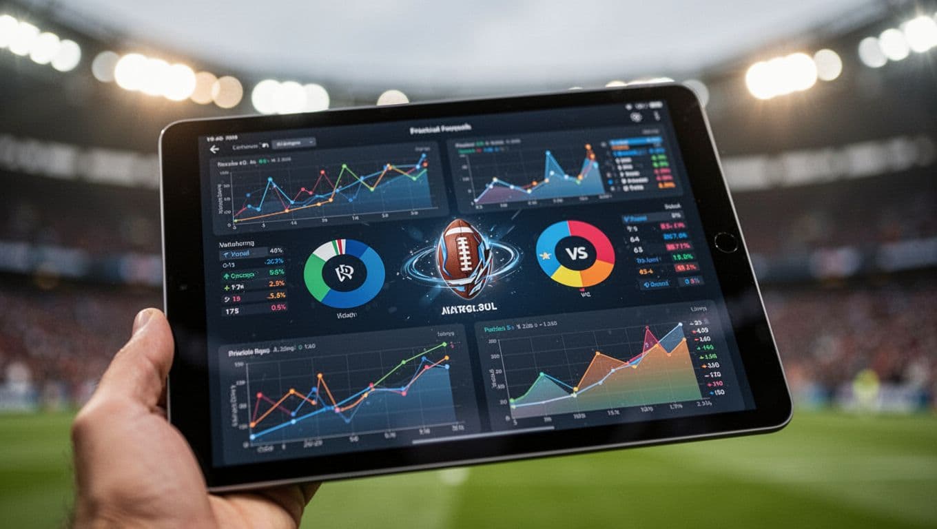 A close-up shot of a touchscreen tablet displaying detailed soccer match statistics. The bright screen contrasts against the soft, glowing bokeh of stadium floodlights visible in the dark background.