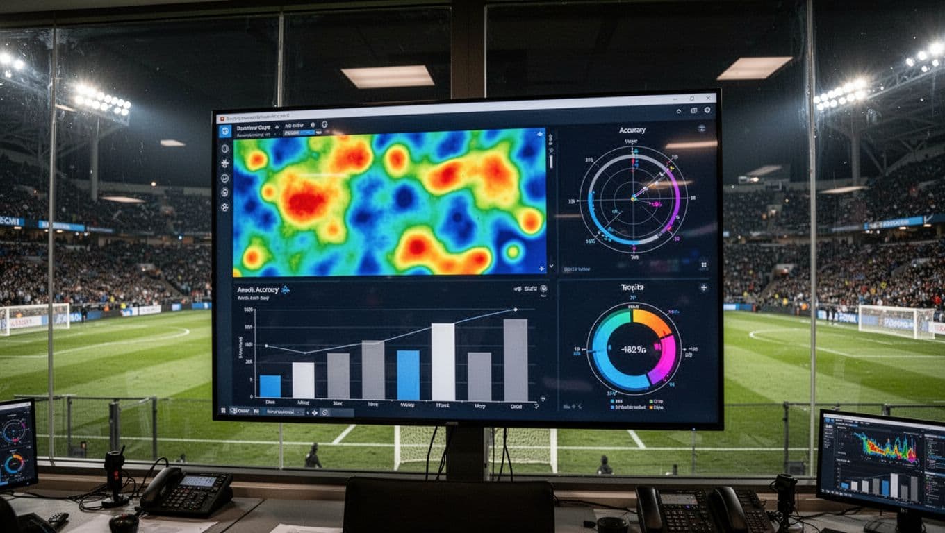 A glowing digital dashboard showing intricate heat maps and possession statistics sits inside a dark stadium press box. Through the glass, the illuminated football pitch remains visible during a night game.