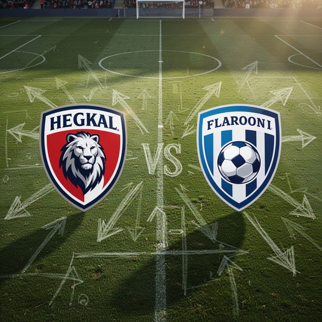 Two abstract team emblems stand on a professional green football pitch representing tactical match analysis.