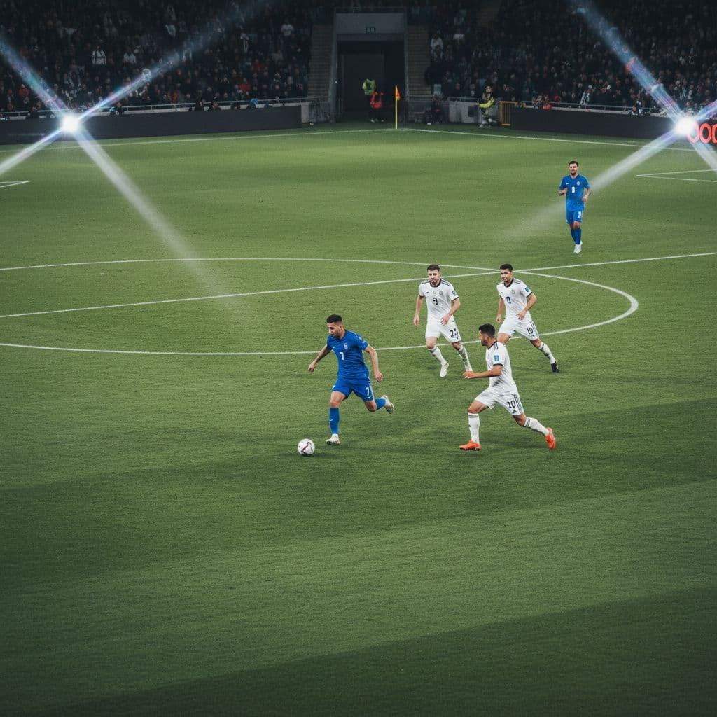 A football player in a blue jersey races with the ball across a lush grass pitch.