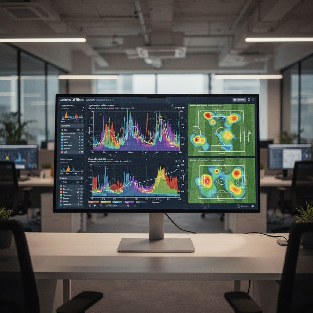 A digital screen in an office displays soccer match analytics including tactical heatmaps and performance graphs.