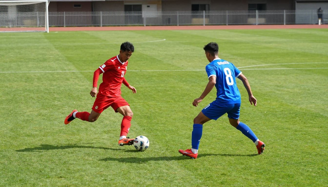 A player in a red jersey dribbles the ball against a defender on a green field.