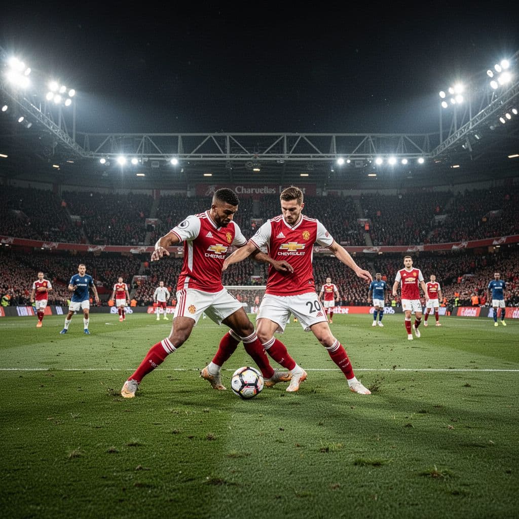 Players in red and white jerseys battle for ball possession on a lush grass pitch under intense stadium floodlights. The night scene captures a competitive tournament atmosphere during an active match.