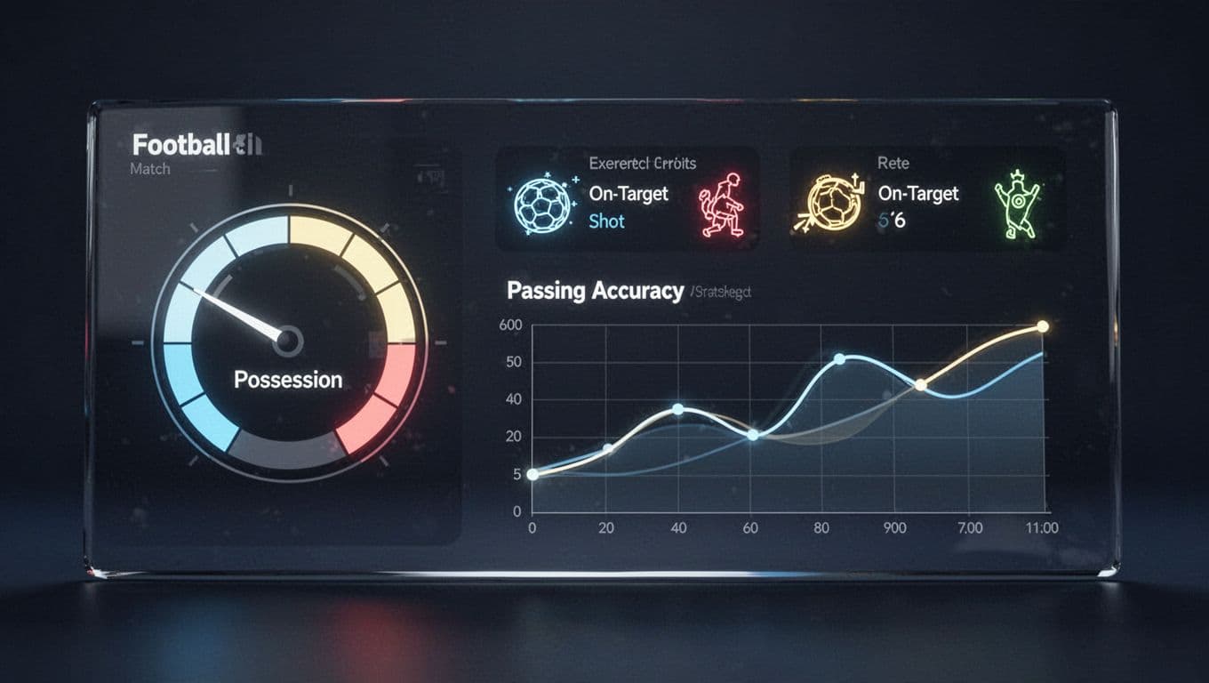 A sleek dark UI displays football analytics including a circular possession gauge, a bar chart for shots on target, and a line graph tracking passing accuracy across a professional sports analysis report.