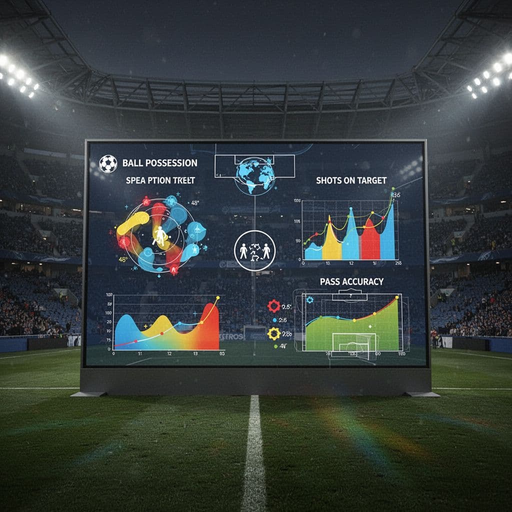 A digital screen in a stadium displays live football match performance statistics and analytics.
