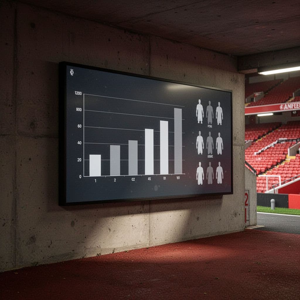 A digital display board showing match statistics and team icons in a stadium tunnel.