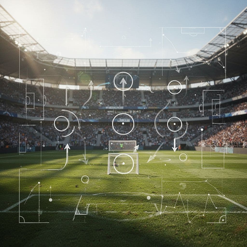 A minimalist digital statistics graphic overlays a blurred football stadium background with icons for goals and possession.