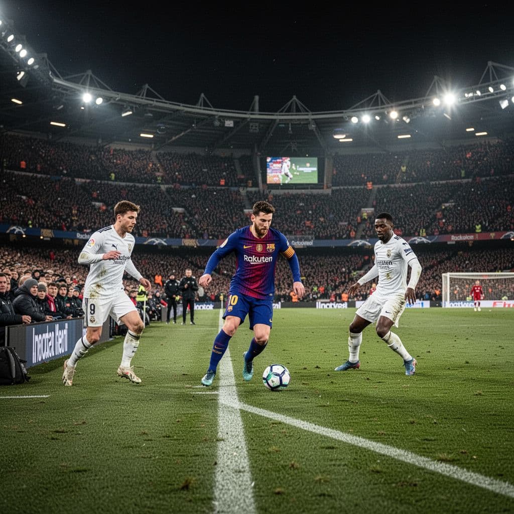 A player in blue and red controls the ball under pressure at a packed, illuminated stadium.
