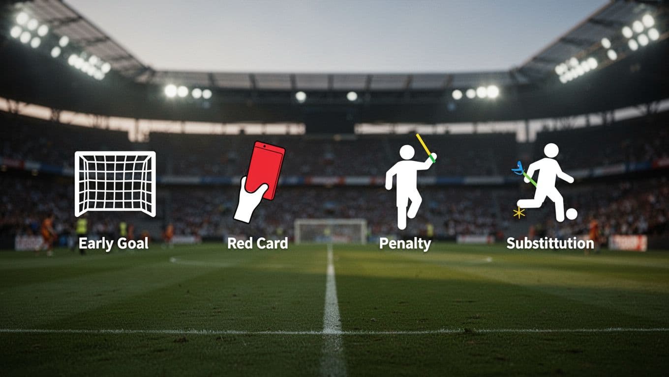 Football pitch timeline with icons for early goal, red card, penalty, and substitution on blurred stadium background.
