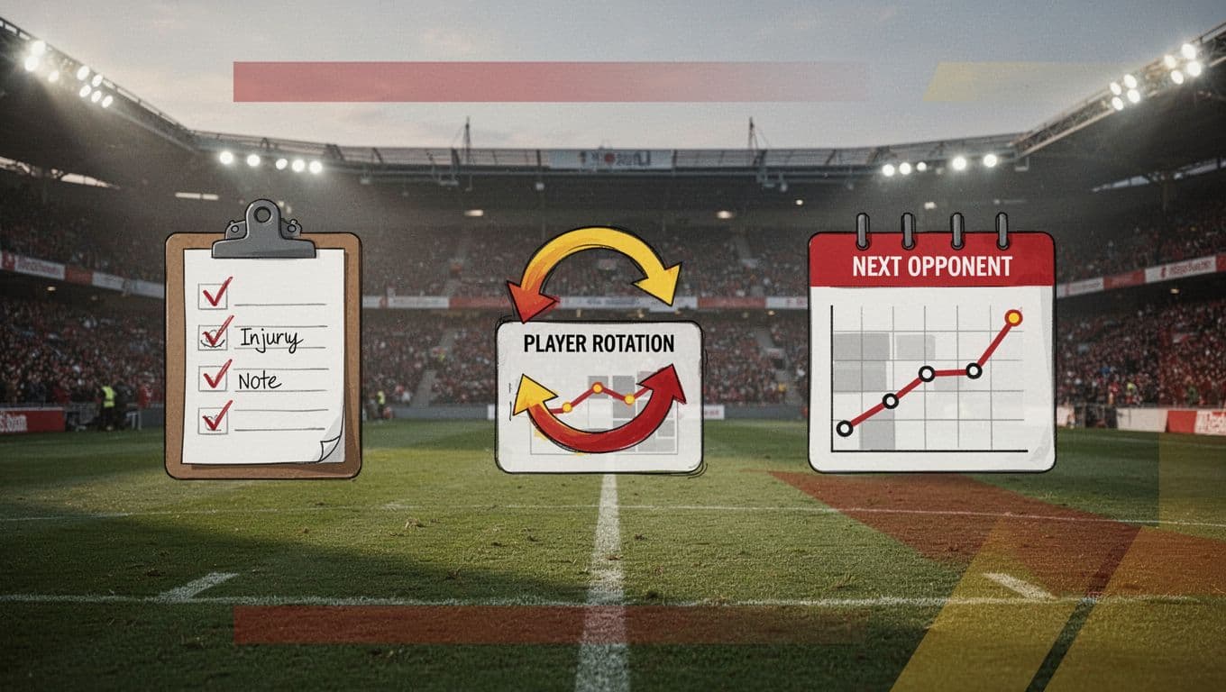 Icons depicting injury clipboard, rotation arrows, opponent calendar, and performance graph on subtle pitch background with red-yellow accents and stadium lights.
