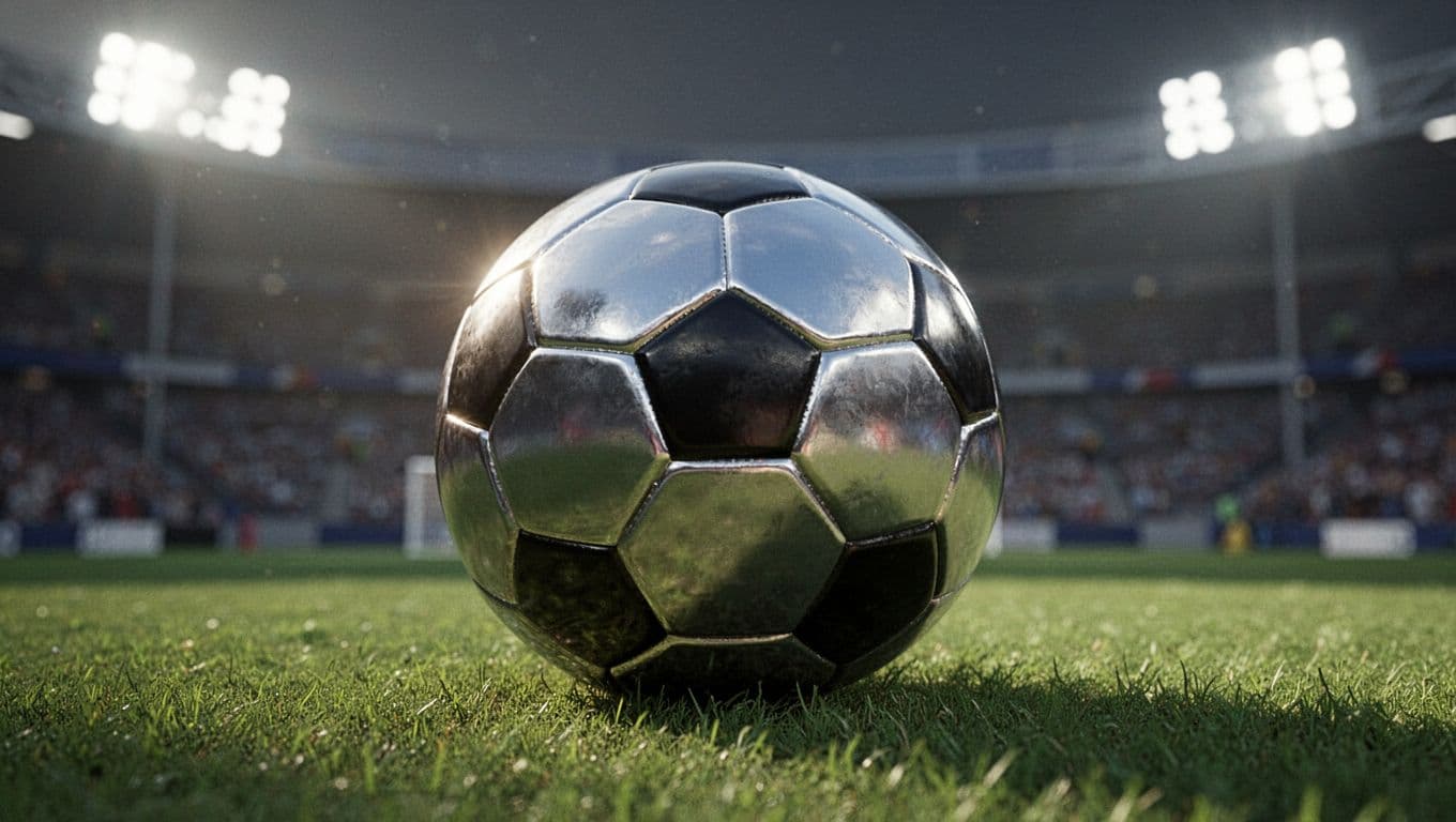 A professional football rests on a field of lush green grass under glowing stadium lights.
