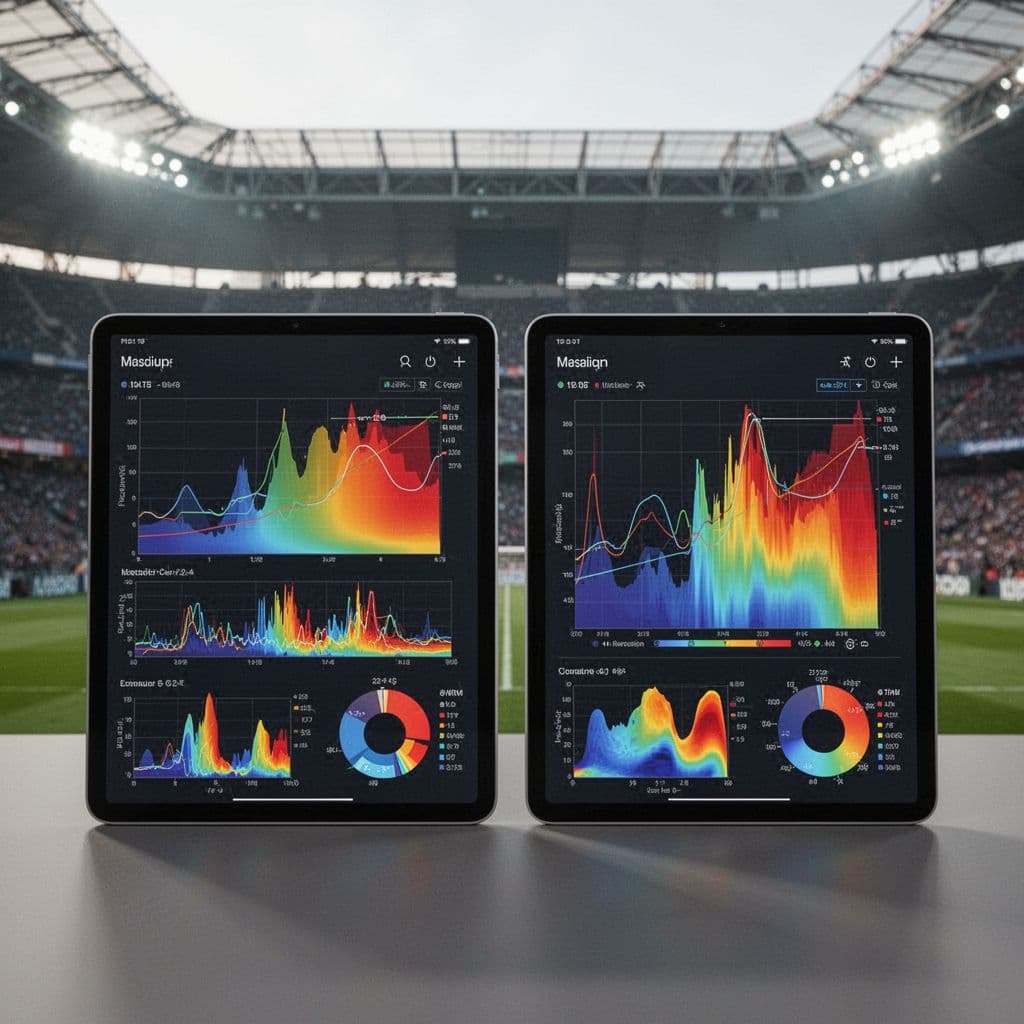 Two tablets display colorful performance graphs and stadium heatmaps with a blurred football pitch background.