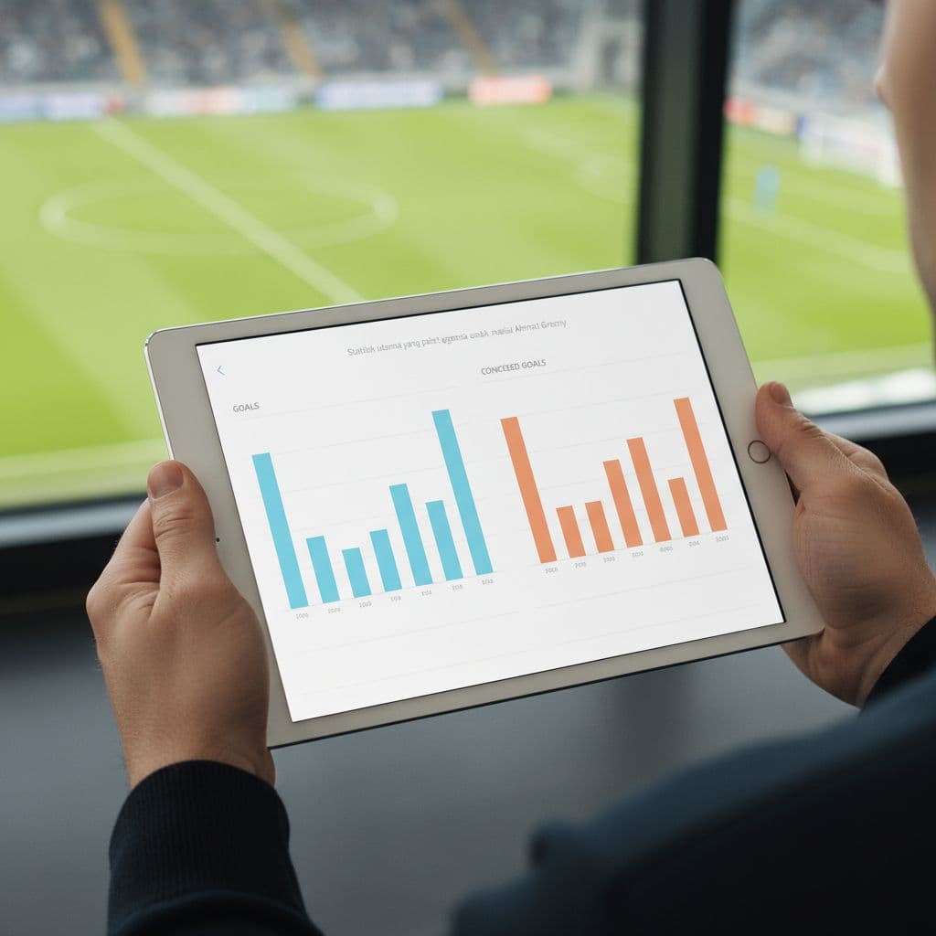 A person holds a tablet displaying bar charts for goals against a blurred football pitch background.