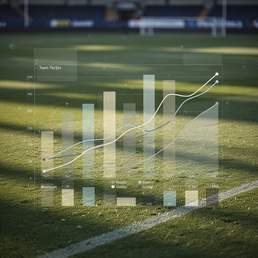 Data charts and graphs showing football performance metrics overlaid on a blurred green grass pitch.