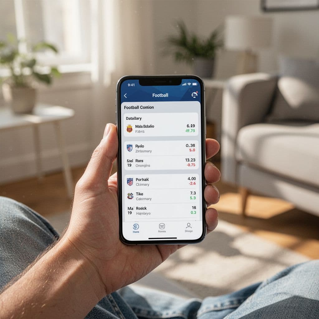 A person holds a smartphone displaying simplified football team performance statistics in a bright, cozy room.