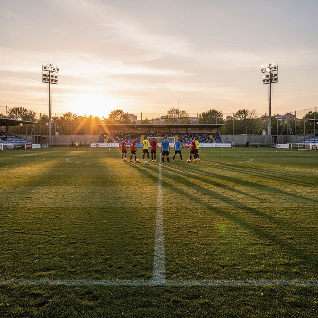 Professional football pitch at sunset with two teams warming up in the distance.