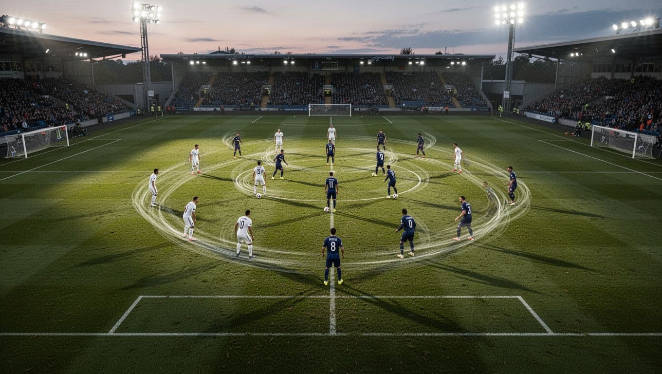 An overhead view of a football field showing player positions and movement paths during an evening match.