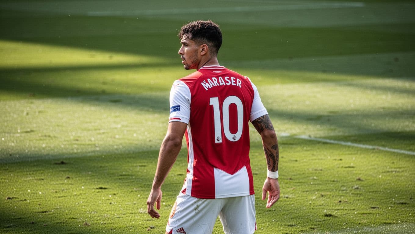 Back view of professional football player in red and white jersey standing on green grass pitch.