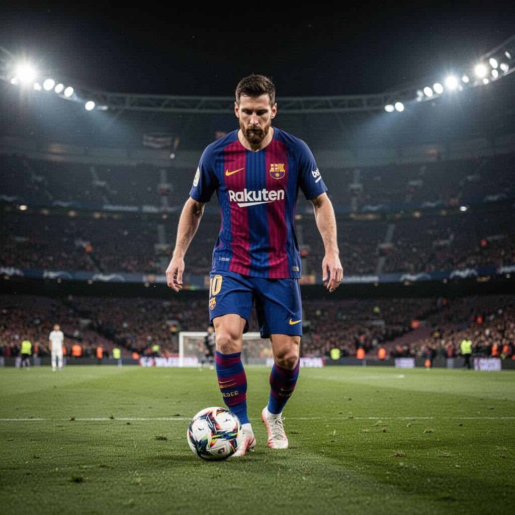 Footballer in blue-red striped jersey controls ball on green pitch in night stadium with blurred crowd.