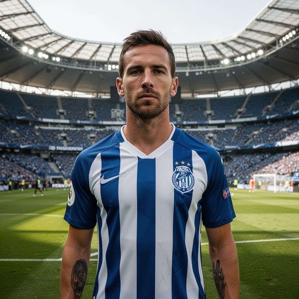 A football player in a blue and white striped jersey stands on the grass pitch during a match.