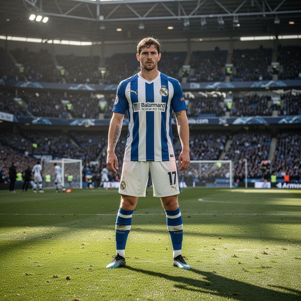 Professional football player in blue and white stripes stands on green grass pitch in sunny stadium.