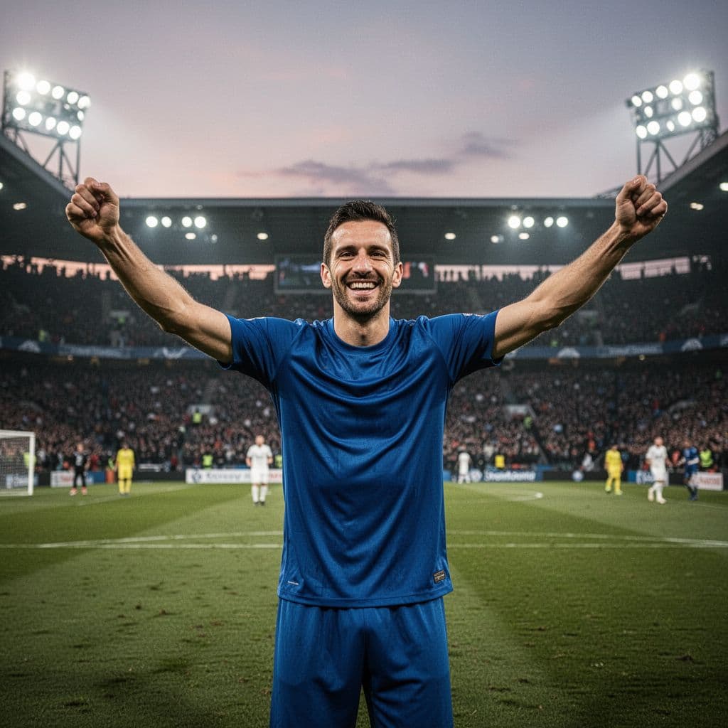 A football player in a blue jersey celebrates a goal on a grass pitch under stadium floodlights.
