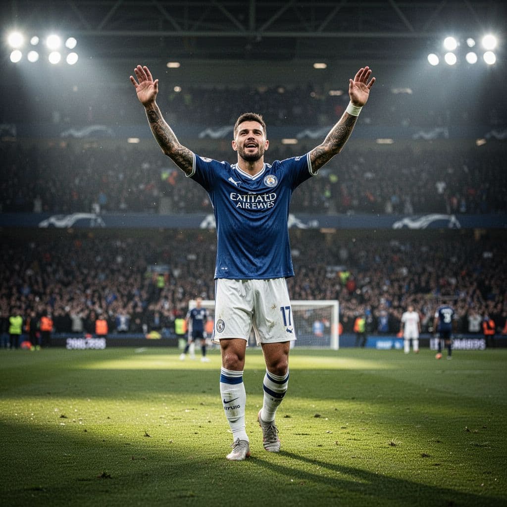 A professional footballer celebrates on a green pitch with stadium lights glowing in the background.