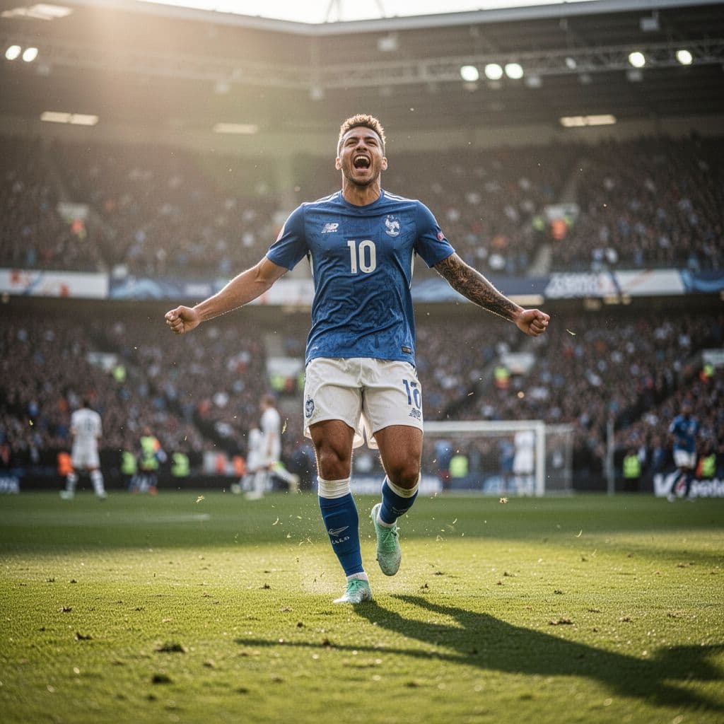 A football player in a red jersey celebrates a goal on a sunny grass field.