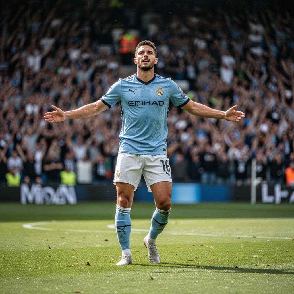 A soccer player celebrates a goal on a green field with a blurred stadium crowd behind him.